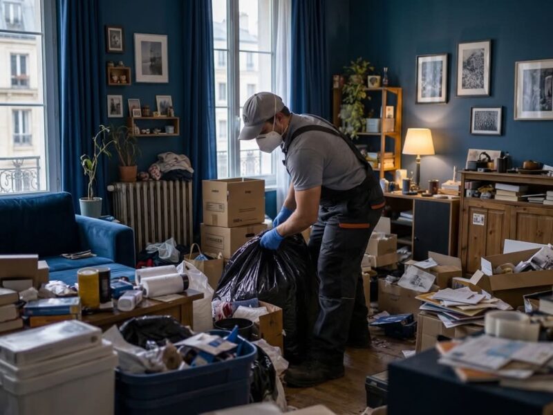 Agent manipulant un sac d'encombrants dans un logement encombré — avant un vide maison